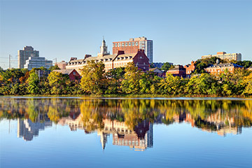 A new Jersey lake with a building in the background